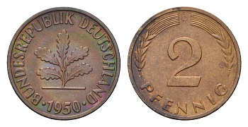 ФРГ 2 пфеннига 1950 D KM 106, J. 381 бронза 4682-1051