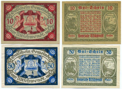 Австрия, Ultschwendt набор из 2 банкнот 10 И 50 геллеров 1920 25 Апреля 1920, нотгельд, земля Верхняя Австрия   бумага  UNC (пресс) 7555-11-1-2