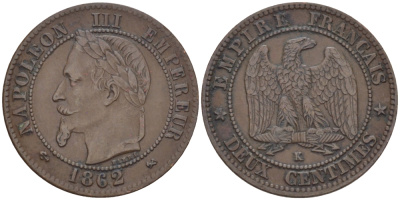 ФРАНЦИЯ 2 САНТИМА 1862 K, НАПОЛЕОН III (1852-1870) KM 796.6 бронза 100-357