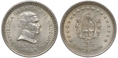 Уругвай 25 сентесимо 1960 KM 40 медно-никель 4169-1032