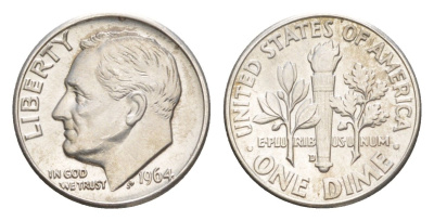 США 1 дайм (10 центов) 1964 D KM 195 серебро aUNC 4639-234