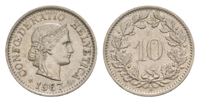 Швейцария 10 раппенов 1967 B KM 27 медно-никель 4625-413