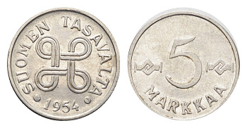 Финляндия 5 марок 1954 KM 37a сталь плакированная железом 4705-715