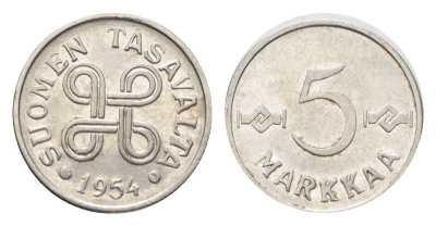 Финляндия 5 марок 1954 KM 37a сталь плакированная железом 4705-715