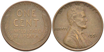 США 1 ЦЕНТ 1951 ЛИНКОЛЬН KM А132 медь цинк 218-233