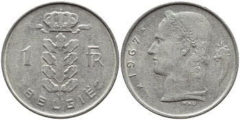 БЕЛЬГИЯ 1 ФРАНК 1967 BELGIE KM 143.1 медно-никель 4395-445