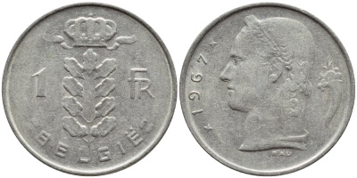 БЕЛЬГИЯ 1 ФРАНК 1967 BELGIE KM 143.1 медно-никель 4395-445