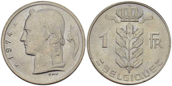 Бельгия 1 франк 1974 Belgique, Бодуэн I (1951-1993) KM 142.1 медно-никель 202-1053