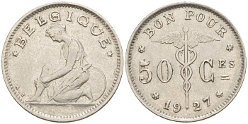 БЕЛЬГИЯ 50 САНТИМОВ 1927 BELGIQUE KM 87 никель 4546-215