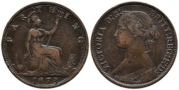 Великобритания 1 фартинг 1873 Виктория (1837-1901) KM 747.2, Spink 3958 бронза  1518-1113