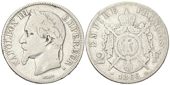 Франция 2 франка 1866 BB, Наполеон III (1852-1870) KM 807.2 серебро 4044-423