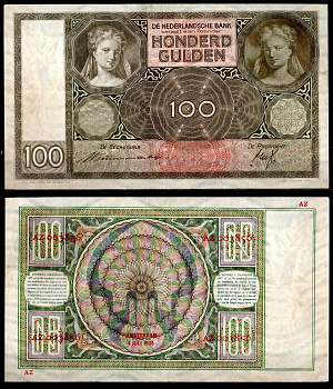 Нидерланды 100 гульденов 1935 "Мария Магдалина" (автор Ян Скорель) Pick 51 a (3) бумага 451-1138-2