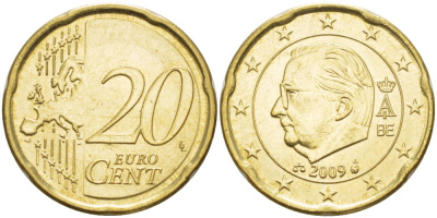 Бельгия 20 евроцентов 2009 Альберт II KM 228 латунь    4681-1243