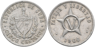 Куба 5 сентаво 1966 звезда, вторая республика (1962- ) KM 34 алюминий 4591-114