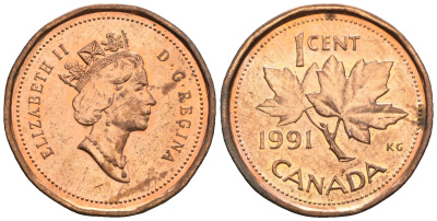 Канада 1 цент 1991 Елизавета II (1952-2022), кленовый лист KM 181 бронза 4609-235