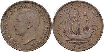 Великобритания 1/2 пенни 1952 Георг VI (1936-1952) KM 868, Spink 4118 бронза 4153-836