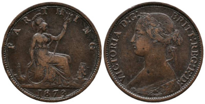 Великобритания 1 фартинг 1873 Виктория (1837-1901) KM 747.2, Spink 3958 бронза  1518-1113