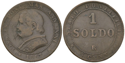Папская область 1 сольдо = 5 центов 1867 R, Пий IX (1846-1878) KM 1372.2 медь 92-725