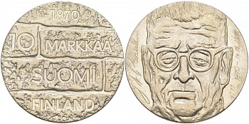 Финляндия 10 марок 1970 S-H, день рождения президента Юхо Паасикиви KM 51 серебро UNC 1521-1143