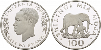 Танзания 100 шиллингов 1986 серия 25 лет окружающей среды, слоны, тираж 25000 экз. ​KM 18а серебро PROOF 1068-5-51