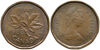 Канада 1 цент 1982 Елизавета II (1952-2022), кленовый лист KM 132 бронза 4549-366