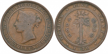 ЦЕЙЛОН 5 ЦЕНТОВ 1870 ВИКТОРИЯ KM 93 медь 73-522