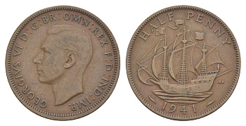 Великобритания 1/2 пенни 1941 Георг VI (1936-1952) KM 844, Spink 4115 бронза 4605-155