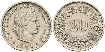 Швейцария 20 раппенов 1969 KM 29а медно-никель 4364-3242