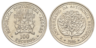 Португалия, Азорские острова 100 эскудо 1986 10 лет автономии Азорских островов KM 45 медно-никель UNC 4542-634