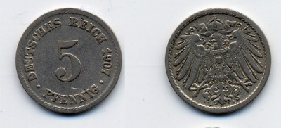 ГЕРМАНИЯ 5 ПФЕННИГОВ 1907 A, KM 11, J. 12 медно-никель 84-968