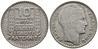 Франция 10 франков 1933 Пьер Тюрен KM 878, Le Franc 360.6 серебро 61-116