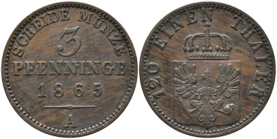 ПРУССИЯ 3 ПФЕННИГА 1865 А, ВИЛЬГЕЛЬМ I (1861-1888) KM 482 медь 4448-1127