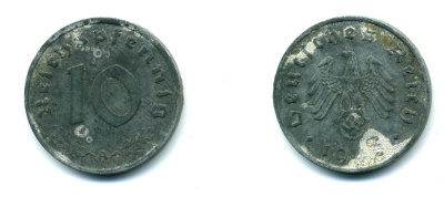 ГЕРМАНИЯ 10 РЕЙХСПФЕННИГОВ 1940 A, KM 101, J. 371 цинк 46-2552