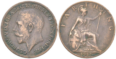Великобритания 1 фартинг 1917 Георг V (1910-1936) KM 808.1, Spink 4059 бронза 4613-452