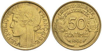 ФРАНЦИЯ 50 САНТИМОВ 1932 ТИП MORLON, OPEN 9, С ЯГОДОЙ KM 894.1, LE FRANC 192.7 алюминиевая бронза 44-712