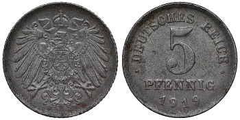 Германия 5 пфеннигов 1919 D KM 19, J. 297, Weege 5 железо 4118-1157