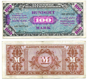 Германия, оккупация союзниками 100 марок 1944 8 цифр, без кода, выпуск СССР Pick 197 d, Розенберг 206 d бумага 8612-29-2-2