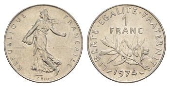 Франция 1 франк 1974 сеятель KM 925 никель 4541-1033