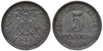 Германия 5 пфеннигов 1919 D KM 19, J. 297, Weege 5 железо 4118-1157