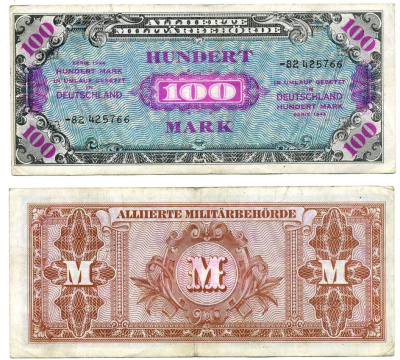 Германия, оккупация союзниками 100 марок 1944 8 цифр, без кода, выпуск СССР Pick 197 d, Розенберг 206 d бумага 8612-29-2-2
