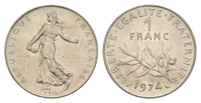 Франция 1 франк 1974 сеятель KM 925 никель 4541-1033