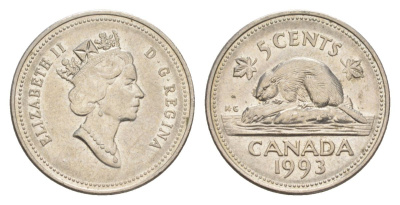 Канада 5 центов 1993 Елизавета II (1952-2022), бобр KM 182 медно-никель 4630-743