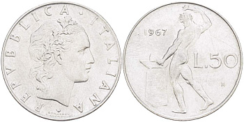 ИТАЛИЯ 50 ЛИР 1967 R, КУЗНЕЦ, ВУЛКАН БОГ ОГНЯ, ДИАМЕТР 25 ММ. KM 95.1 нержавеющая сталь 4390-952