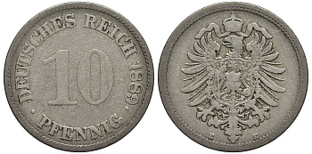 ГЕРМАНИЯ 10 ПФЕННИГОВ 1889 E, СТАРОГЕРБОВКА KM 4, Jager 4, Weege 7 медно-никель 4543-627
