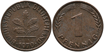 ФРГ 1 пфенниг 1970 G KM 105, J.380 сталь плакированная медью 99-312