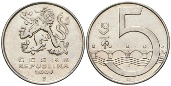 Чехия 5 крон 2009 b’, чешский лев, Карлов мост KM 8 сталь плакированная никелем aUNC 4592-155