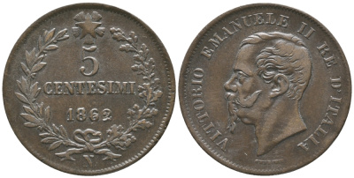 ИТАЛИЯ 5 ЧЕНТЕЗИМО 1862 N, ВИКТОР ЭММАНУИЛ II (1861-1878) KM 3.3 медь 34-245