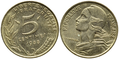 ФРАНЦИЯ 5 САНТИМОВ 1988 ТИП MARIANNE KM 933 медь алюминий никель 4392-458