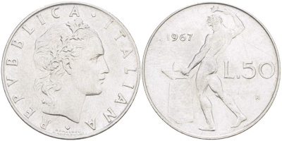 ИТАЛИЯ 50 ЛИР 1967 R, КУЗНЕЦ, ВУЛКАН БОГ ОГНЯ, ДИАМЕТР 25 ММ. KM 95.1 нержавеющая сталь 4390-952