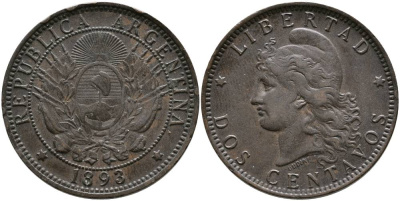 Аргентина 2 сентаво 1893 голова свободы влево KM 8 бронза 4531-1142